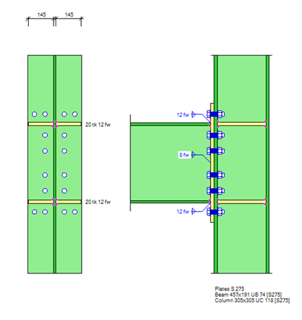 Symmetric, extended end-plate steel connection with four bolts in a row