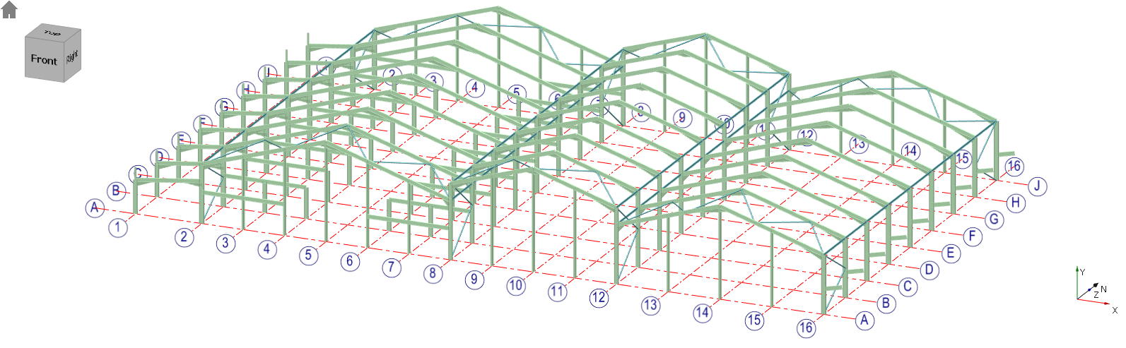 3D 3 spans steel hall with mezzanine