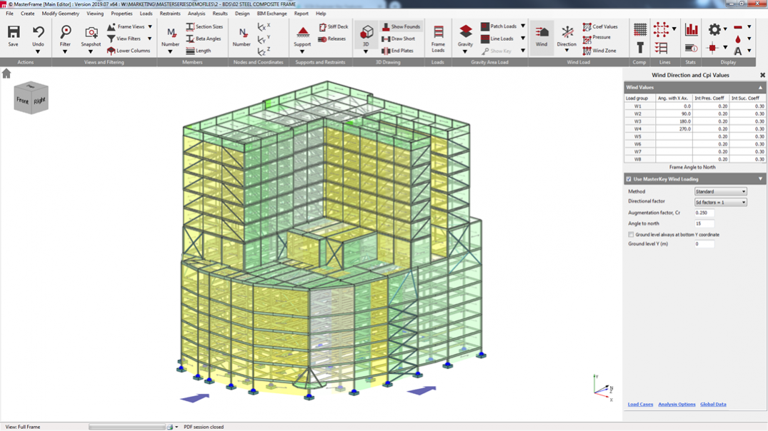 Tall building with applied wind loading