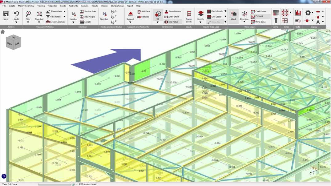 Part roof and walls with parapets showing wind pressure values