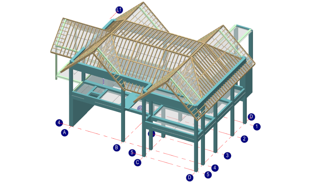 MasterFrame 3d timber-concrete building with canopies