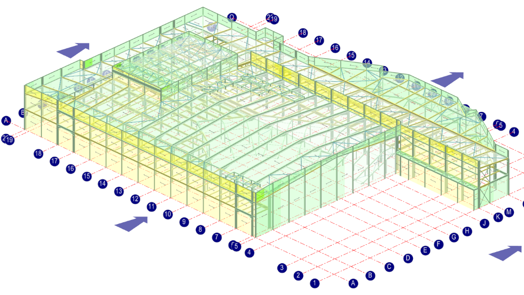 Complex shaped industrial building with generated wind loading