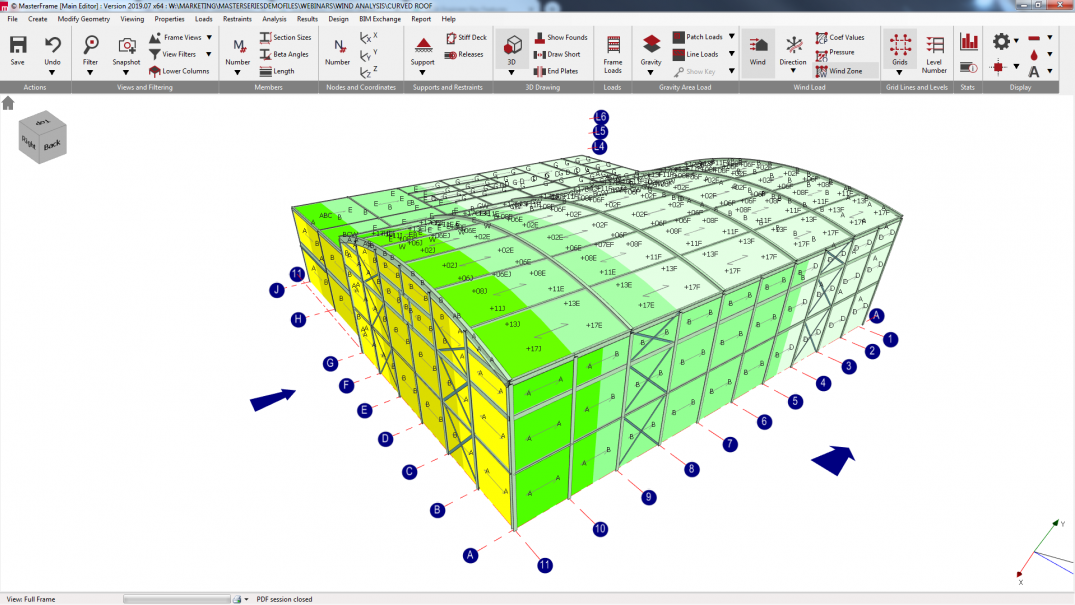 Curved roof building showing wind zones