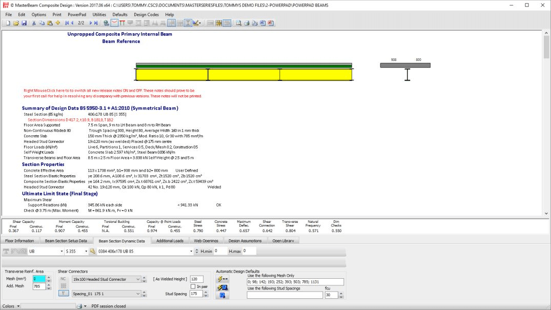 Primary Composite Beam beam design according to the Eurocode and British Standard